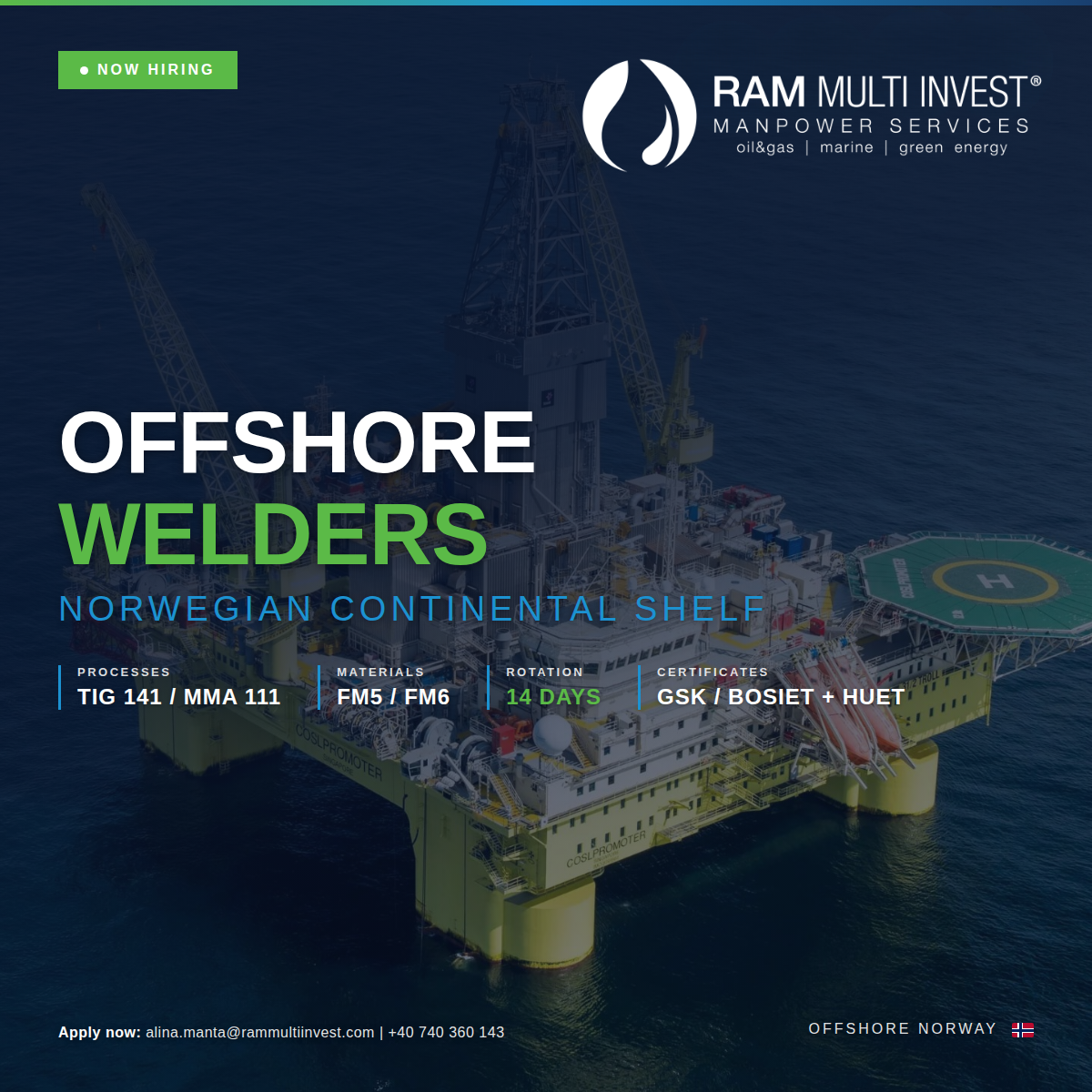 Offshore Welder &mdash; TIG 141 / MMA 111 &mdash; Norway | RAM Bemanning